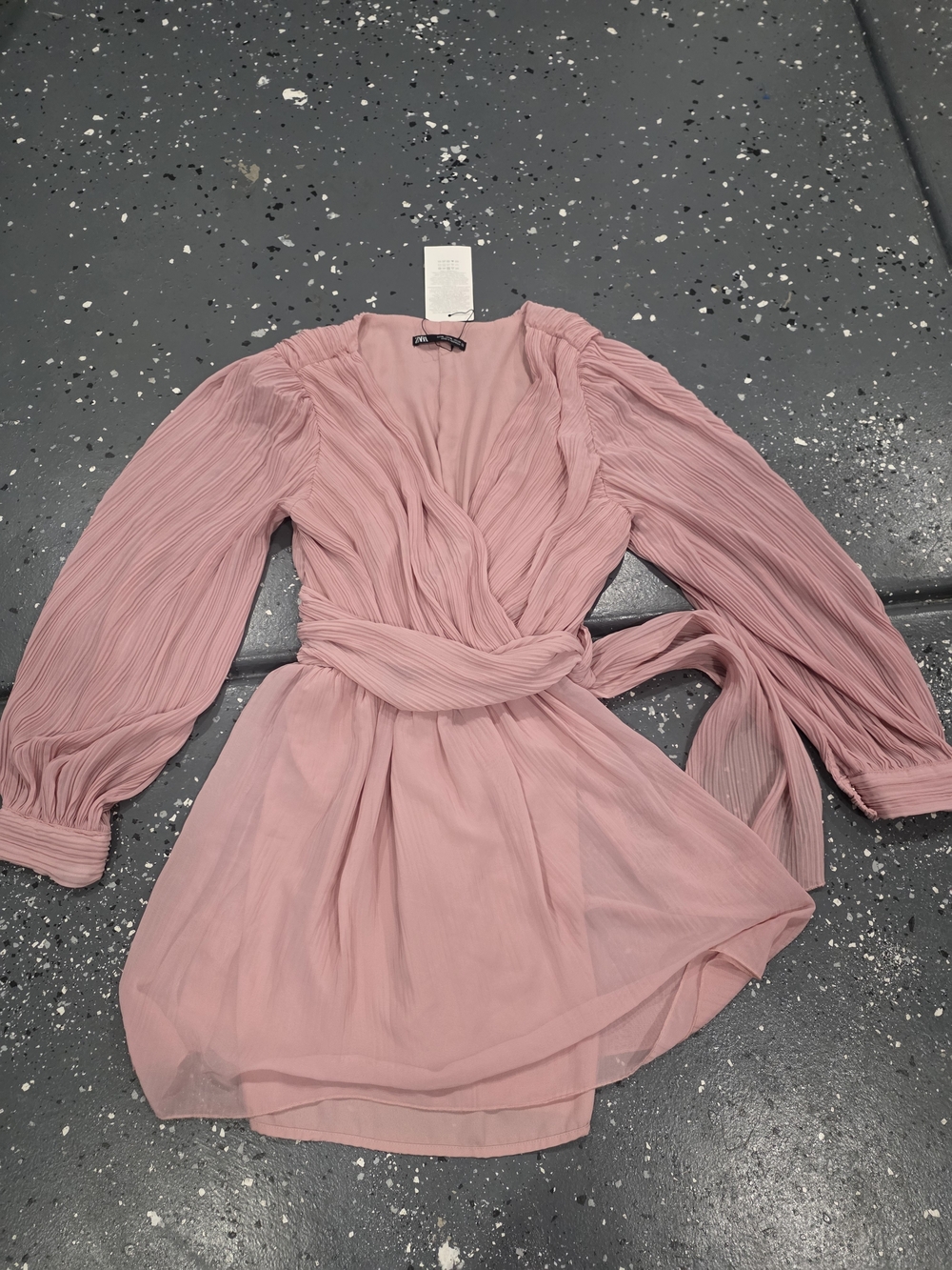 Zara Dusty Pink Wrap Mini Dress with Pleated Long Sleeves